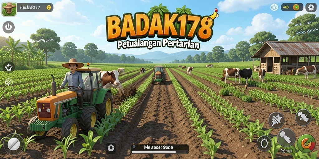 Tampilan gameplay yang menunjukkan ladang hijau dan aktivitas bertani.