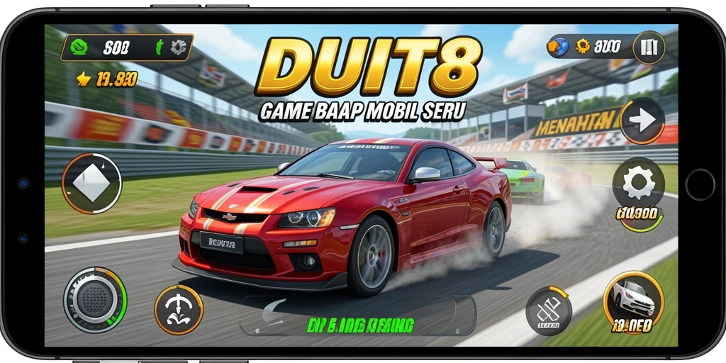 Screenshot gameplay DUIT8 menampilkan adu kecepatan mobil di lintasan balap.