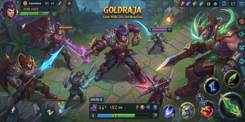 Screenshot gameplay <strong>GOLDRAJA</strong> dengan aksi pertempuran seru dan karakter berwarna-warni.