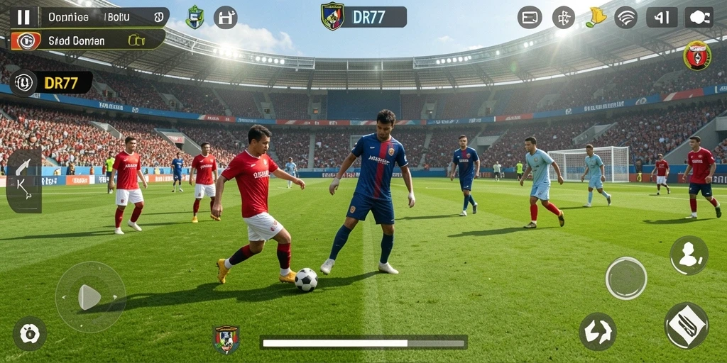 Screenshot gameplay IDR77 menampilkan aksi seru di lapangan sepak bola.