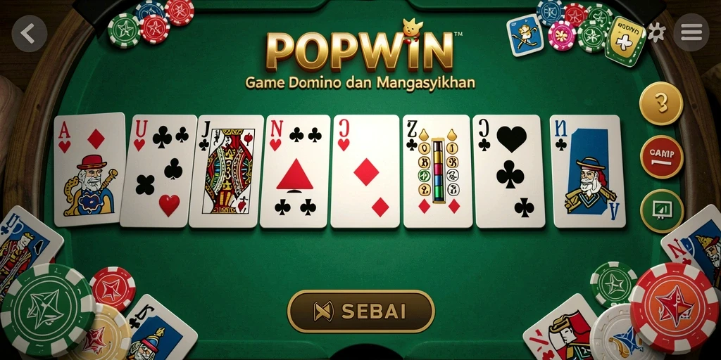 Screenshot utama POPWIN menampilkan gameplay Domino yang menarik.
