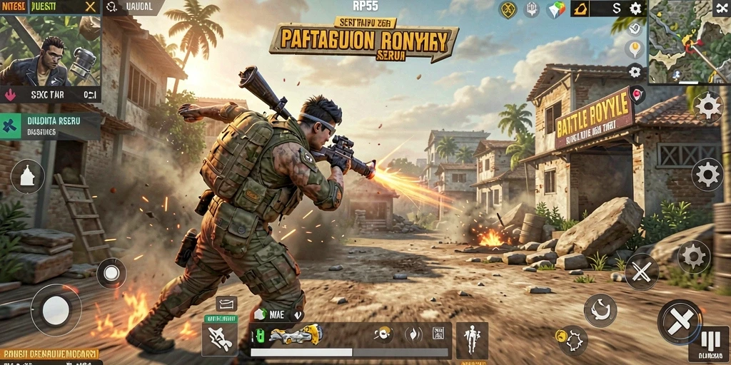Screenshot RP55 menunjukkan tindakan mendebarkan dalam pertempuran Battle Royale.